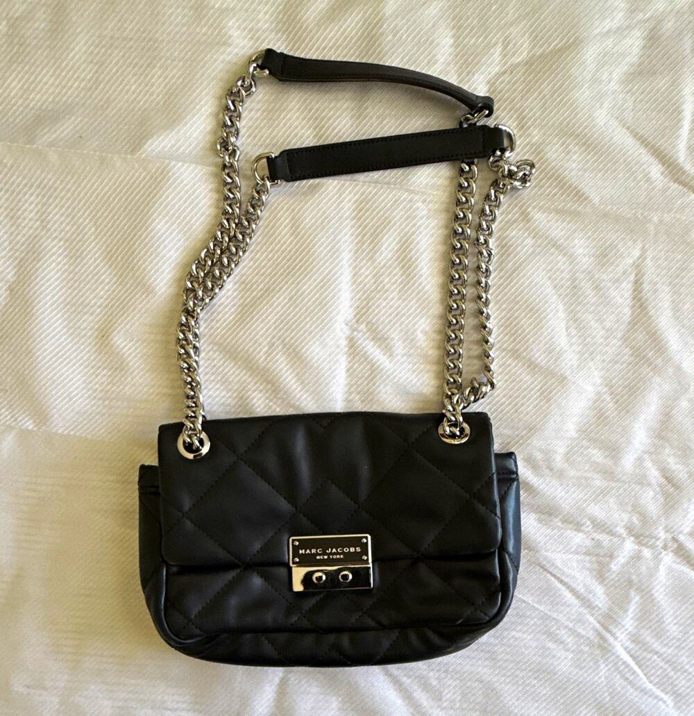 Marc Jacobs Black Small Shoulder Bag Silver Chain Strap Push Lock, Detachable